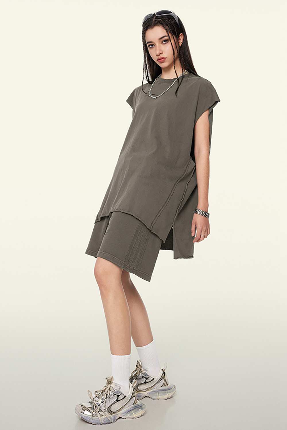 Washed Cotton Split-Hem Longline Tank Top in Coffee - full-length front modeled view