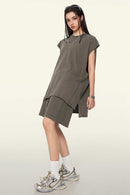 Washed Cotton Split-Hem Longline Tank Top in Coffee - full-length front modeled view