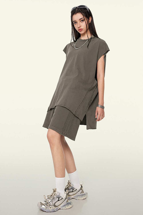 Washed Cotton Split-Hem Longline Tank Top in Coffee - full-length front modeled view
