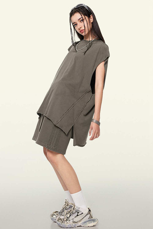 Washed Cotton Split-Hem Longline Tank Top in Coffee - fabric texture close-up