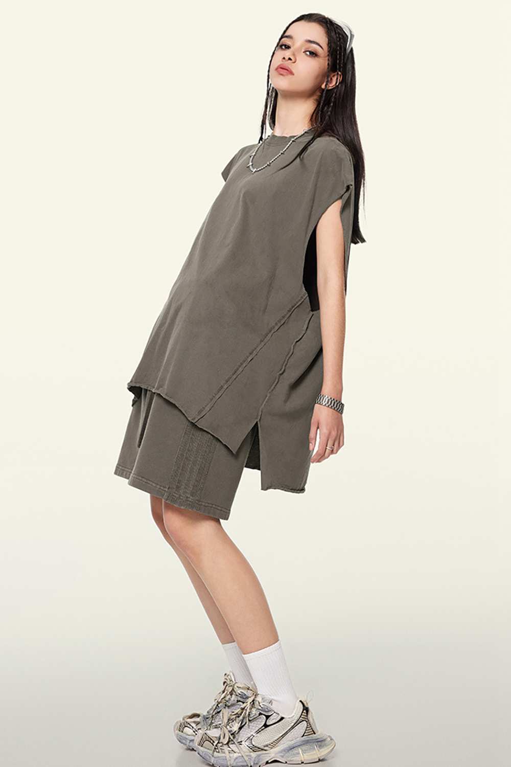 Washed Cotton Split-Hem Longline Tank Top in Coffee - three-quarter front modeled view