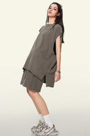 Washed Cotton Split-Hem Longline Tank Top in Coffee - three-quarter front modeled view