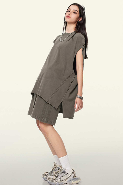 Washed Cotton Split-Hem Longline Tank Top in Coffee - three-quarter front modeled view