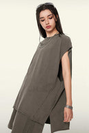 Washed Cotton Split-Hem Longline Tank Top in Coffee - three-quarter front modeled view