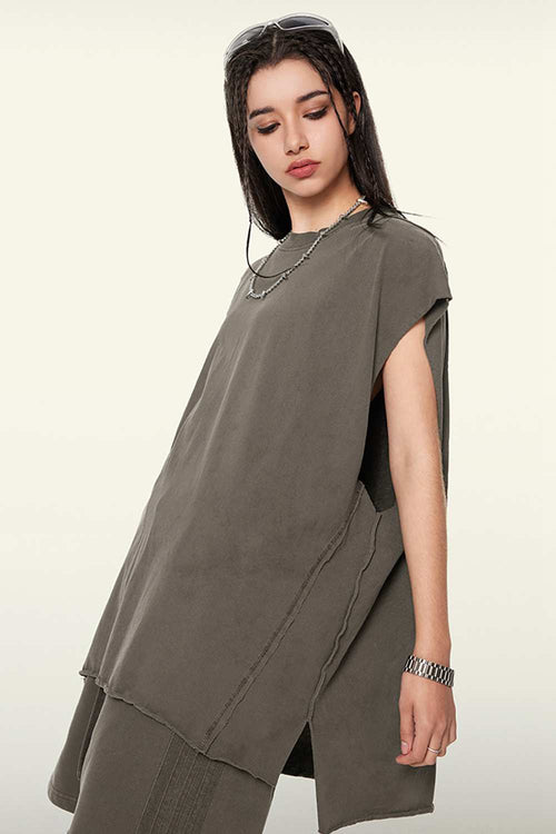 Washed Cotton Split-Hem Longline Tank Top in Coffee - three-quarter front modeled view