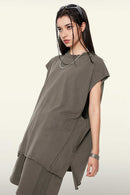 Washed Cotton Split-Hem Longline Tank Top in Coffee - three-quarter front modeled view