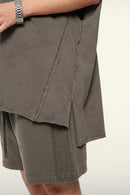Washed Cotton Split-Hem Longline Tank Top in Coffee - fabric texture close-up
