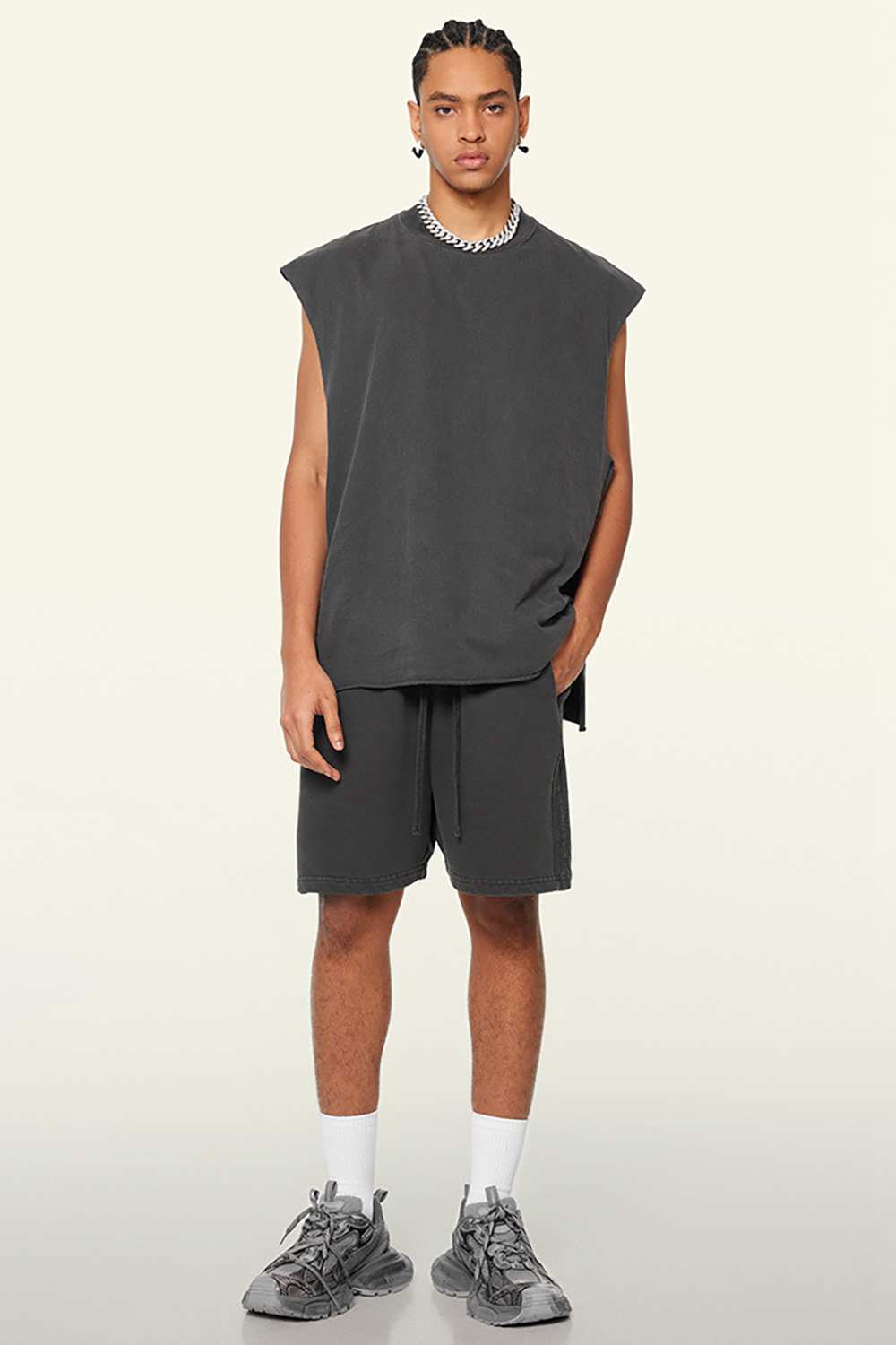 Washed Cotton Split-Hem Longline Tank Top in Dark Gray - full-length front modeled view