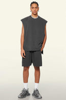 Washed Cotton Split-Hem Longline Tank Top in Dark Gray - full-length front modeled view