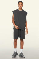 Washed Cotton Split-Hem Longline Tank Top in Dark Gray - full-length front modeled view