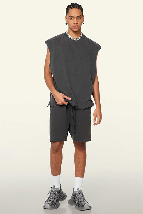 Washed Cotton Split-Hem Longline Tank Top in Dark Gray - full-length front modeled view