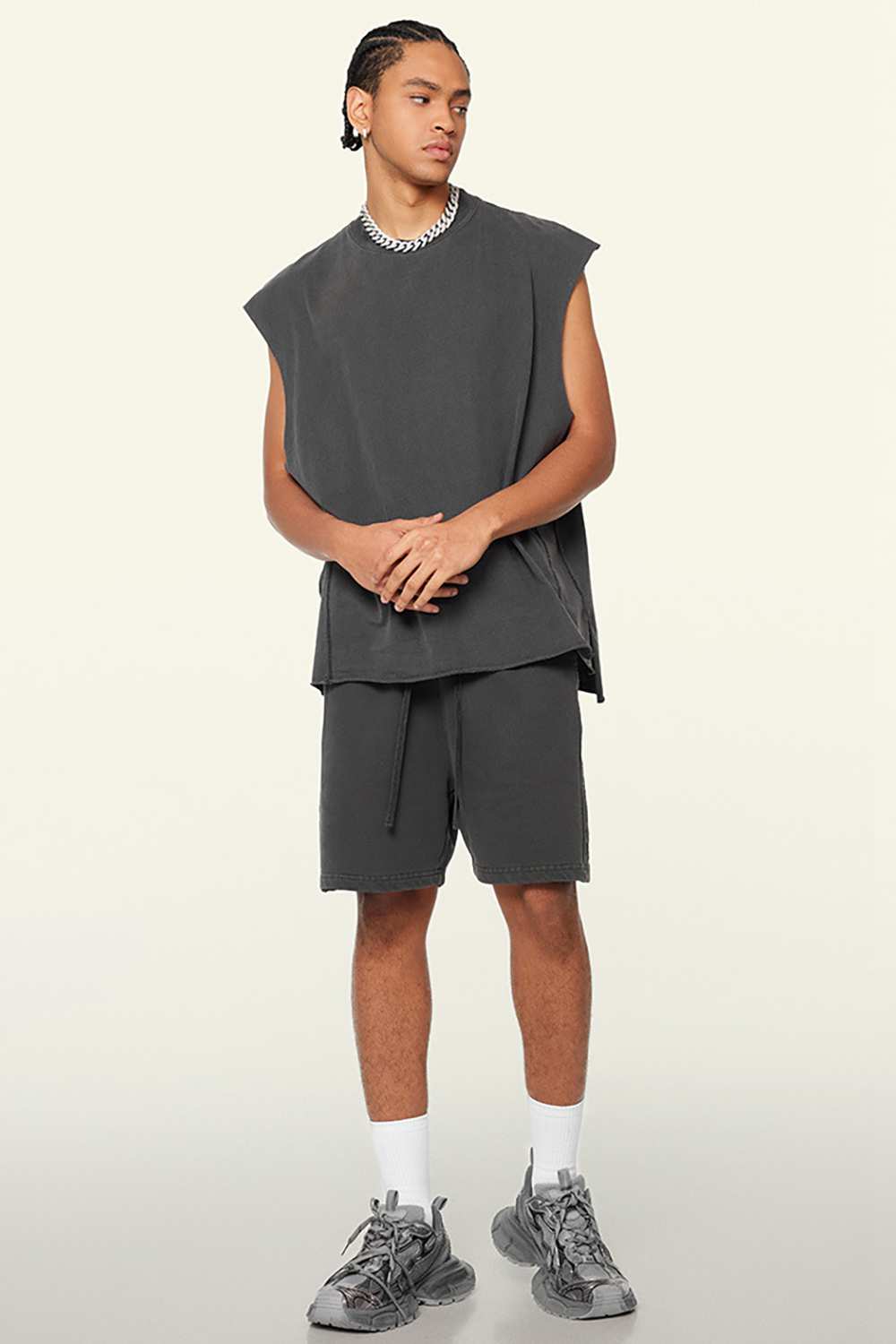 Washed Cotton Split-Hem Longline Tank Top in Dark Gray - three-quarter front modeled view
