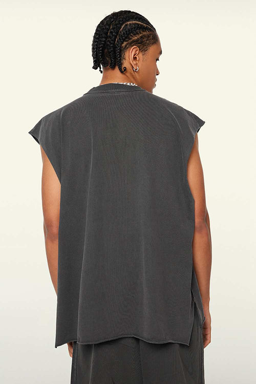 Washed Cotton Split-Hem Longline Tank Top in Dark Gray - fabric texture close-up