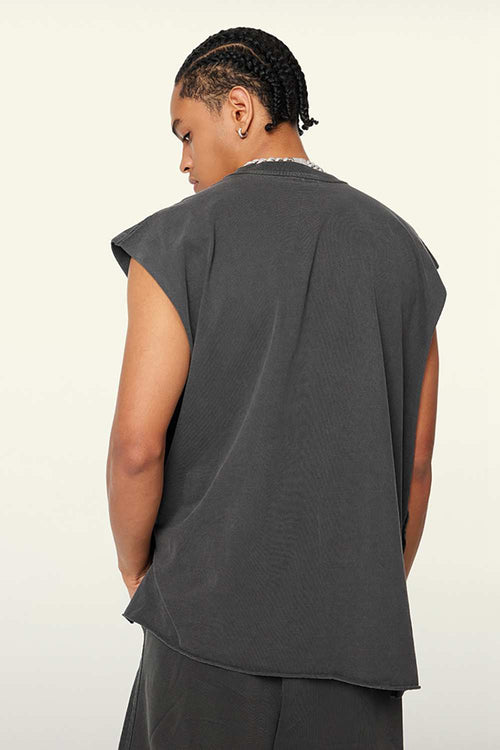 Washed Cotton Split-Hem Longline Tank Top in Dark Gray - back product view