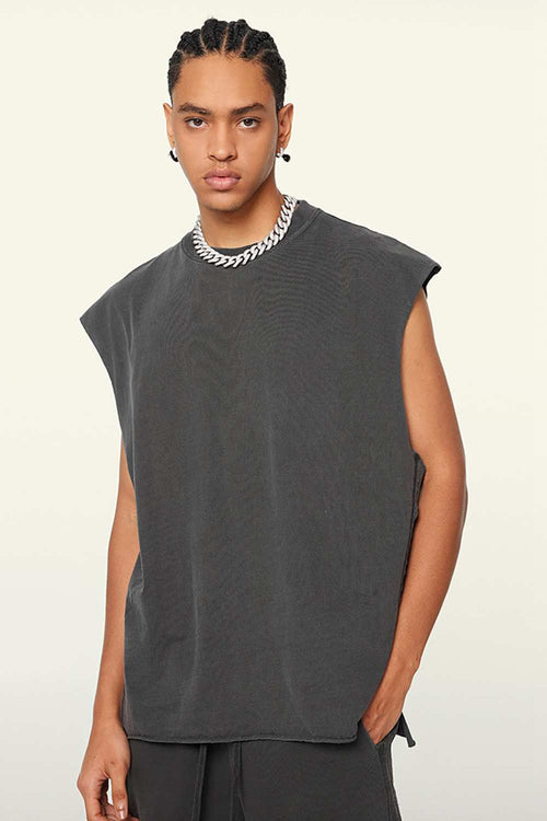 Washed Cotton Split-Hem Longline Tank Top in Dark Gray - side modeled view