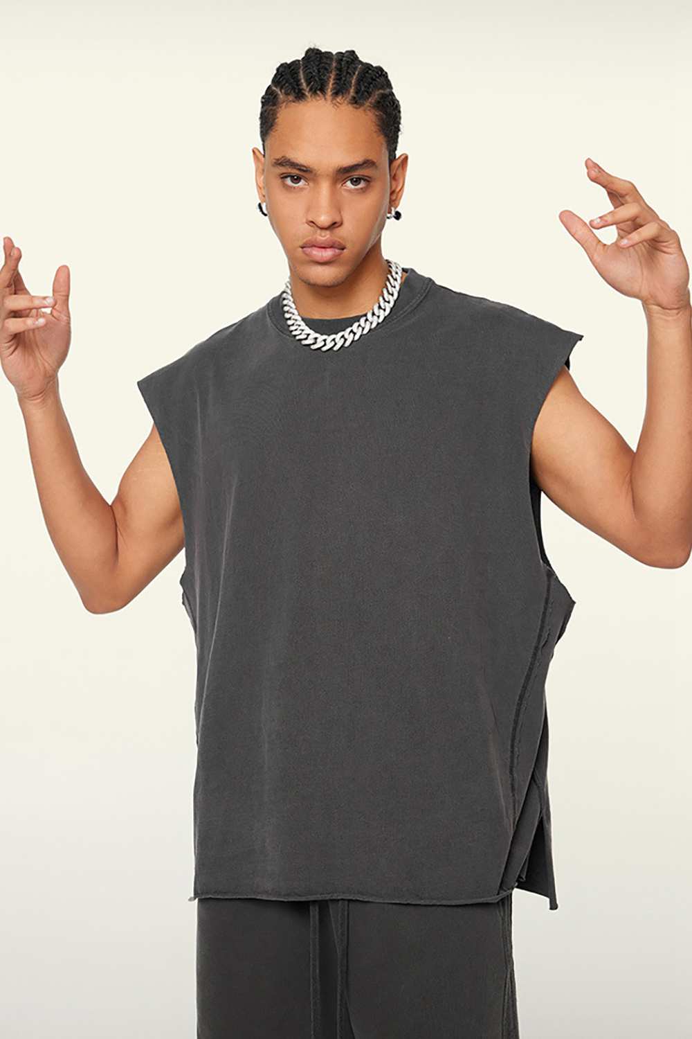 Washed Cotton Split-Hem Longline Tank Top in Dark Gray - side modeled view