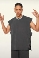 Washed Cotton Split-Hem Longline Tank Top in Dark Gray - side modeled view