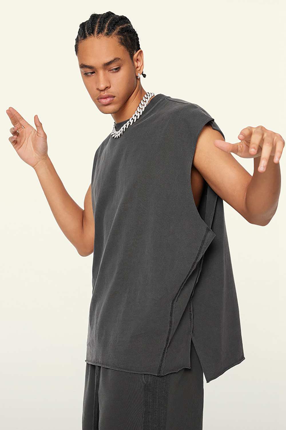 Washed Cotton Split-Hem Longline Tank Top in Dark Gray - fabric texture close-up