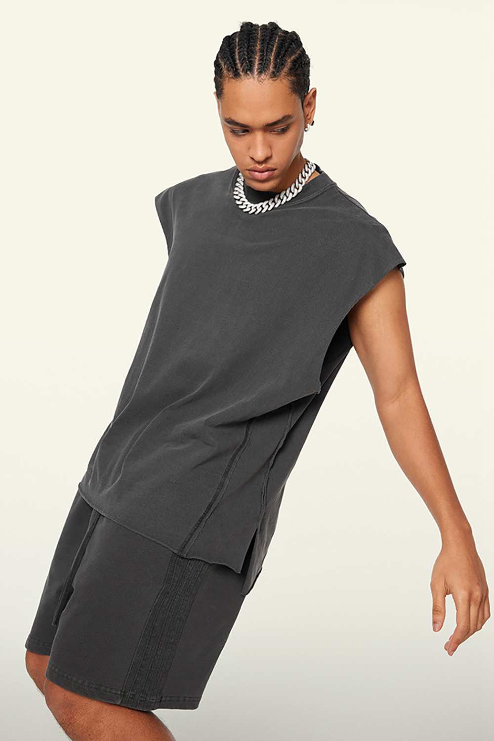 Washed Cotton Split-Hem Longline Tank Top in Dark Gray - three-quarter front modeled view