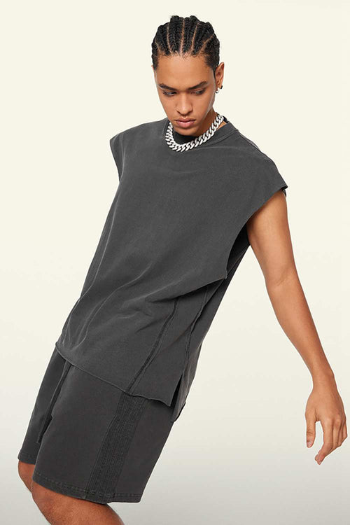 Washed Cotton Split-Hem Longline Tank Top in Dark Gray - three-quarter front modeled view