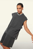 Washed Cotton Split-Hem Longline Tank Top in Dark Gray - three-quarter front modeled view