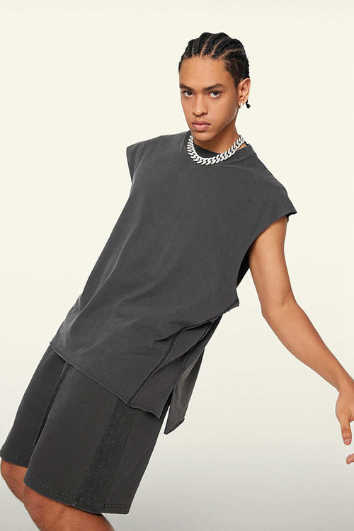Washed Cotton Split-Hem Longline Tank Top in Dark Gray - three-quarter front modeled view