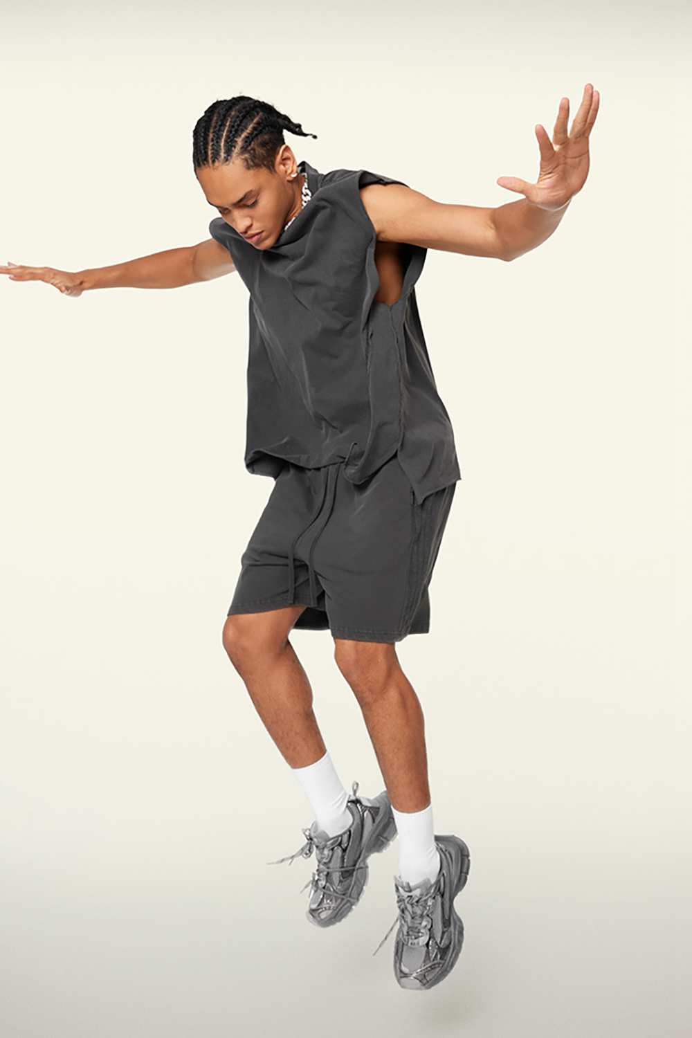 Washed Cotton Split-Hem Longline Tank Top in Dark Gray - full-length front modeled view