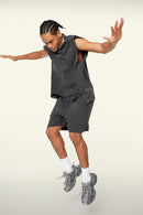 Washed Cotton Split-Hem Longline Tank Top in Dark Gray - full-length front modeled view