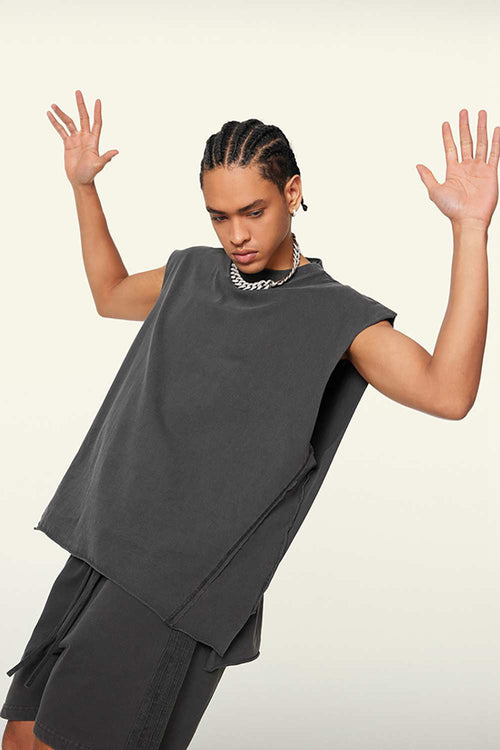 Washed Cotton Split-Hem Longline Tank Top in Dark Gray - three-quarter front modeled view