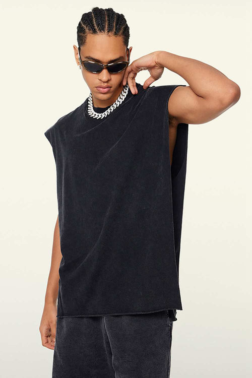 Washed Cotton Split-Hem Longline Tank Top in Fried Snowflakes - side modeled view