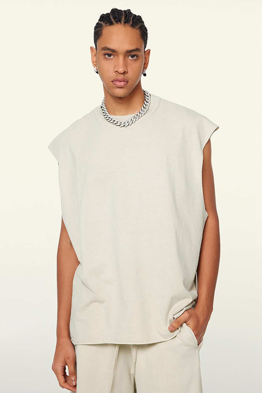 Washed Cotton Split-Hem Longline Tank Top in Gray Apricot - side modeled view