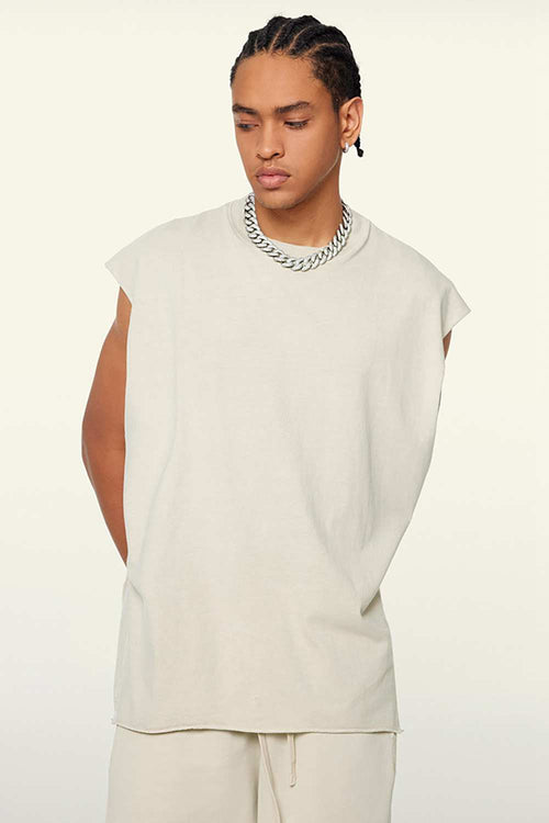 Washed Cotton Split-Hem Longline Tank Top in Gray Apricot - side modeled view