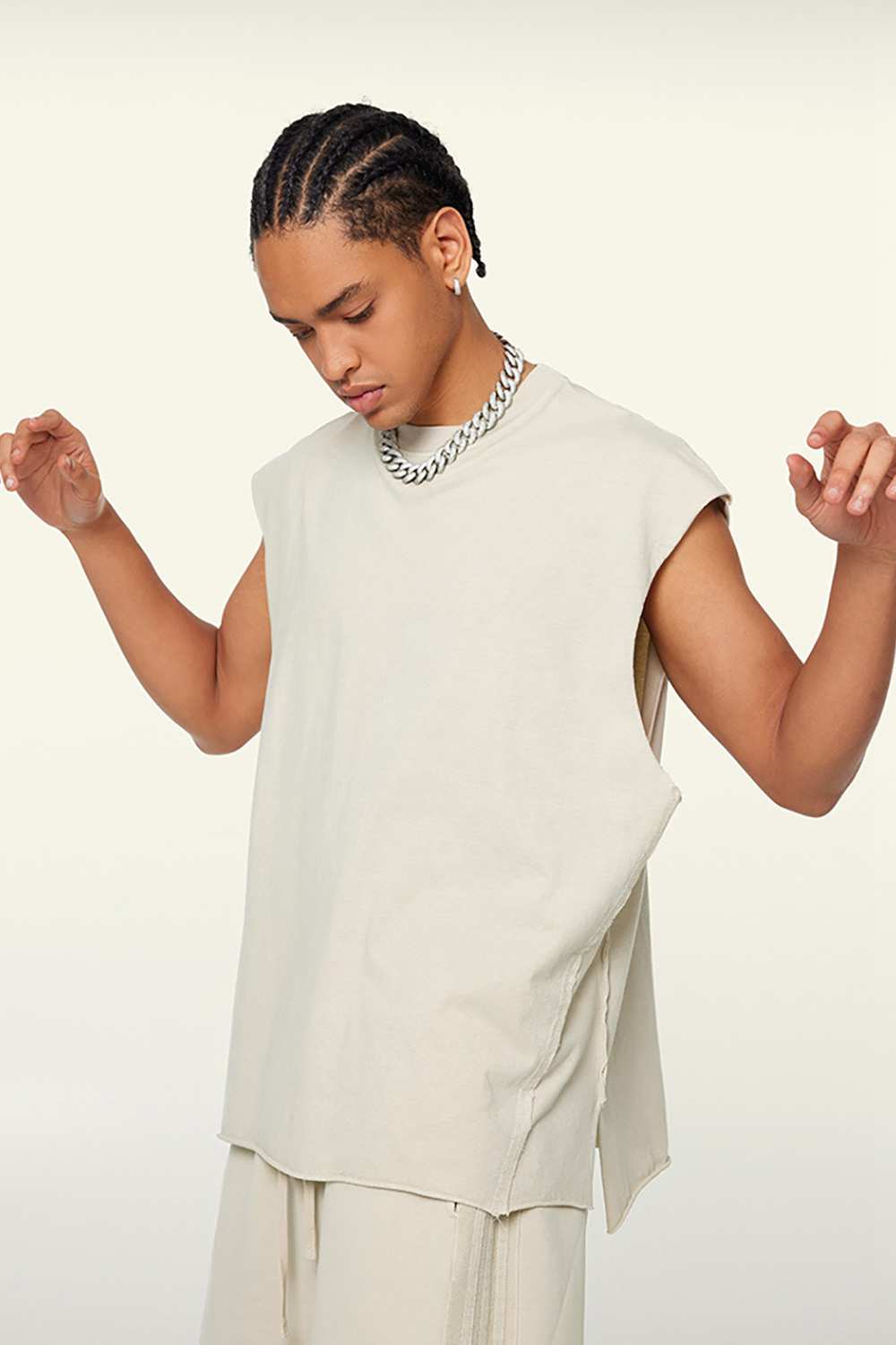 Washed Cotton Split-Hem Longline Tank Top in Gray Apricot - side modeled view