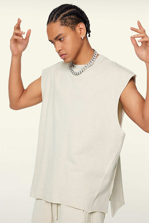 Washed Cotton Split-Hem Longline Tank Top in Gray Apricot - three-quarter front modeled view