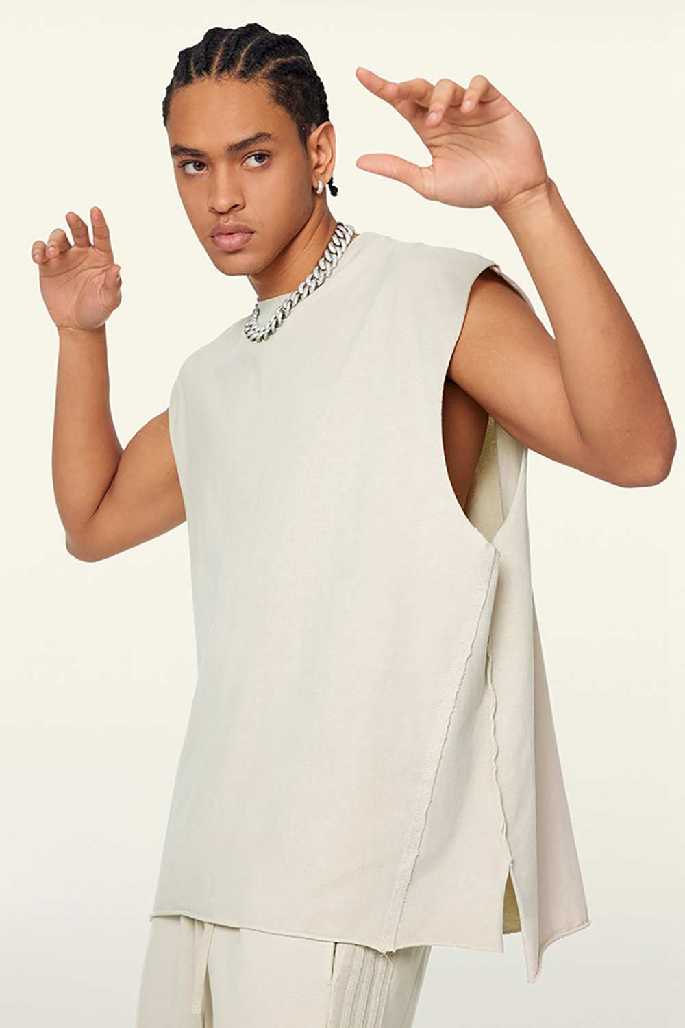 Washed Cotton Split-Hem Longline Tank Top in Gray Apricot - fabric texture close-up