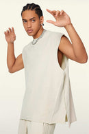 Washed Cotton Split-Hem Longline Tank Top in Gray Apricot - fabric texture close-up