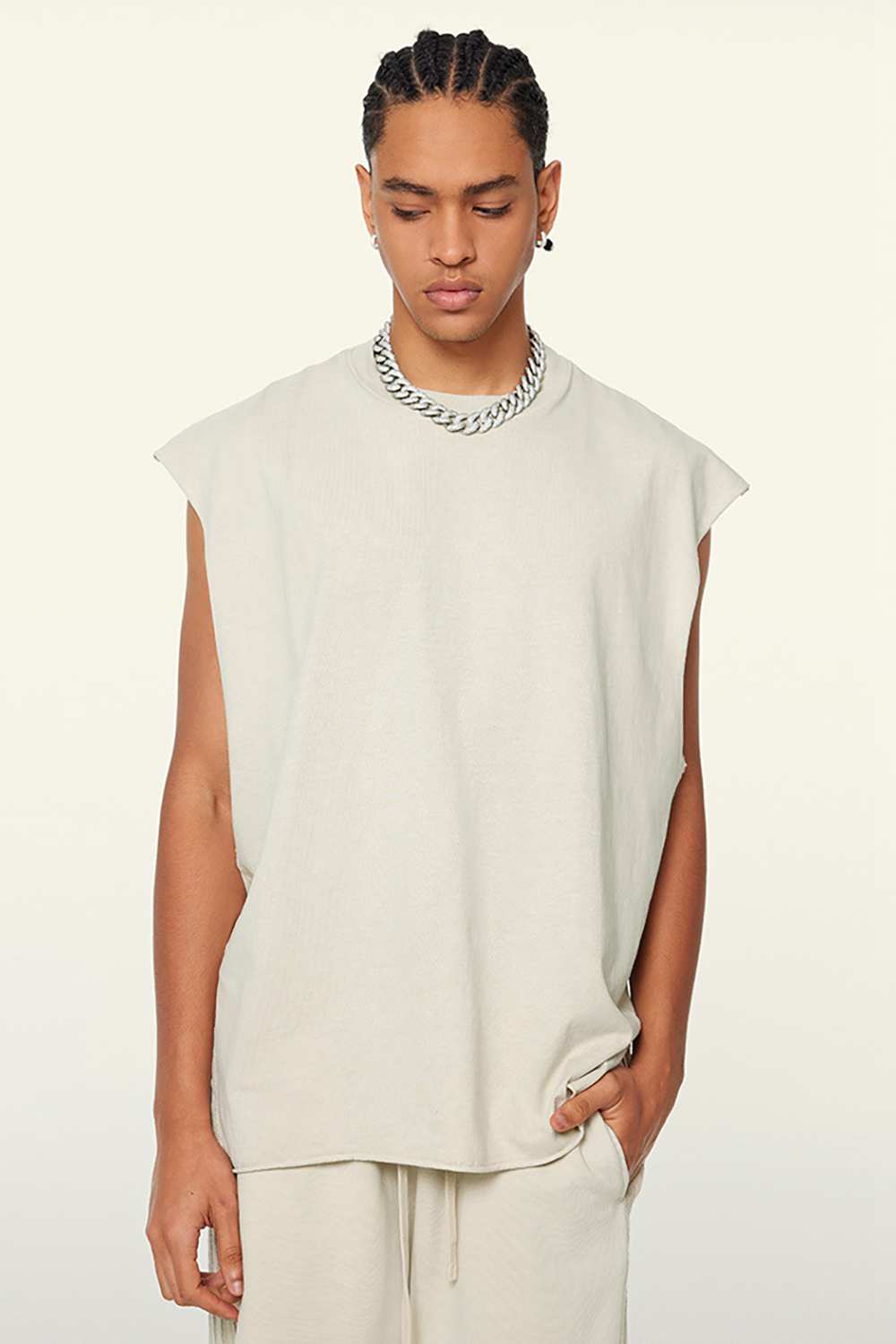 Washed Cotton Split-Hem Longline Tank Top in Gray Apricot - side modeled view