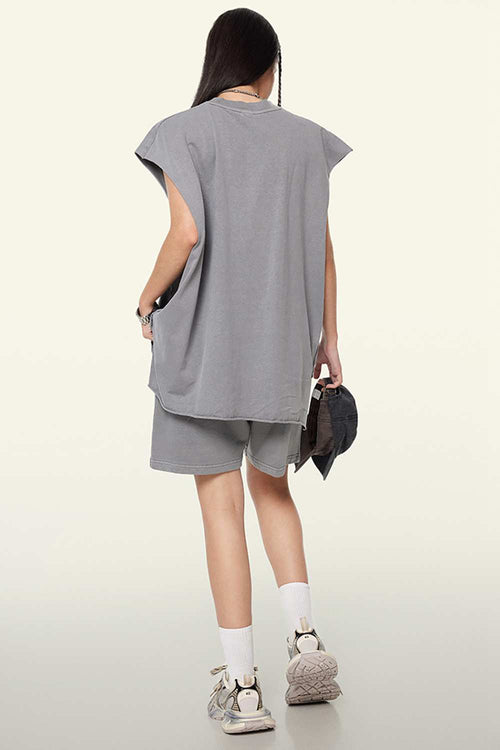 Washed Cotton Split-Hem Longline Tank Top in Medium Gray - back product view