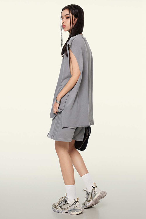 Washed Cotton Split-Hem Longline Tank Top in Medium Gray - fabric texture close-up
