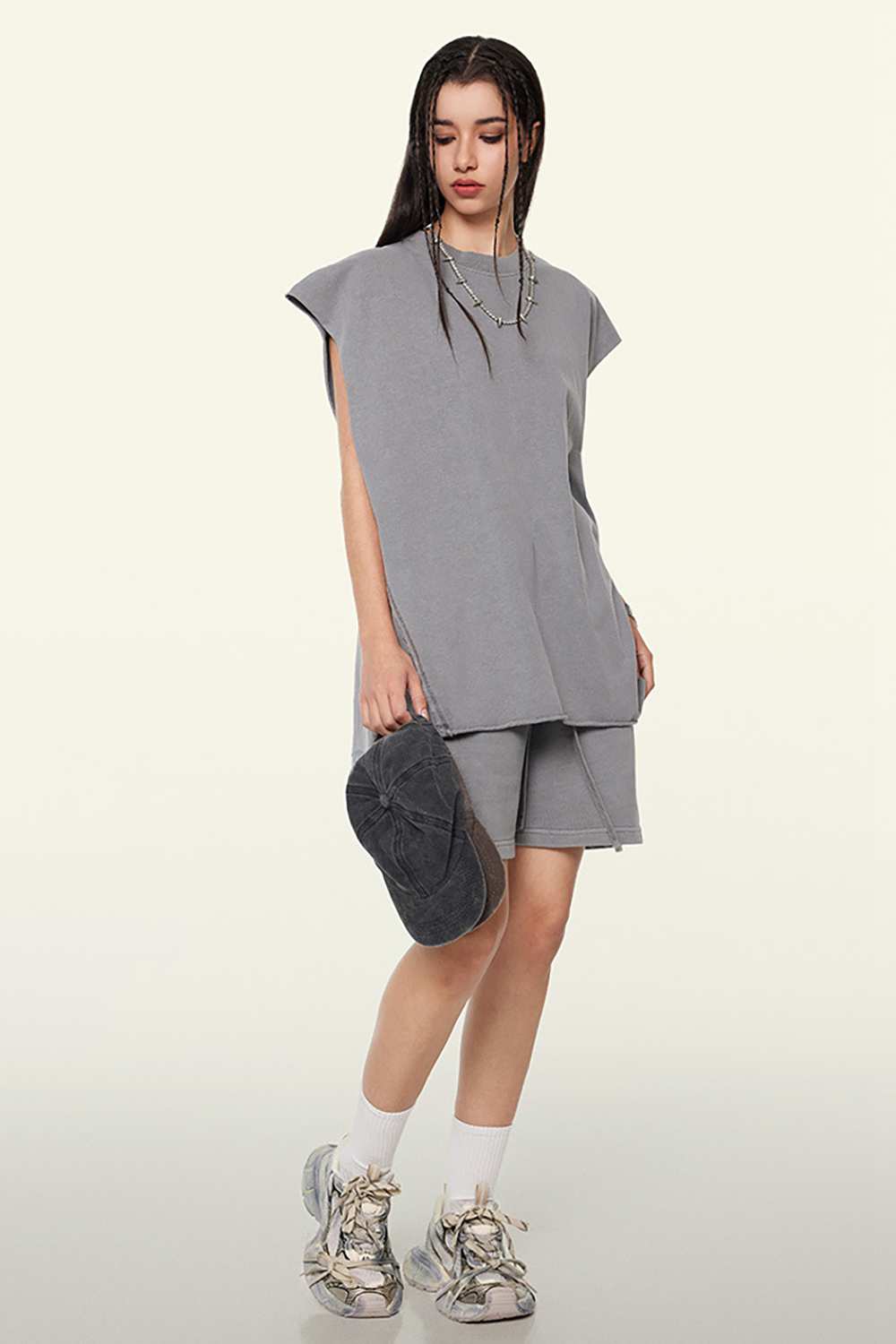 Washed Cotton Split-Hem Longline Tank Top in Medium Gray - full-length front modeled view