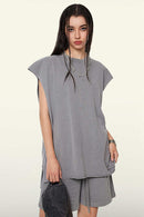 Washed Cotton Split-Hem Longline Tank Top in Medium Gray - three-quarter front modeled view