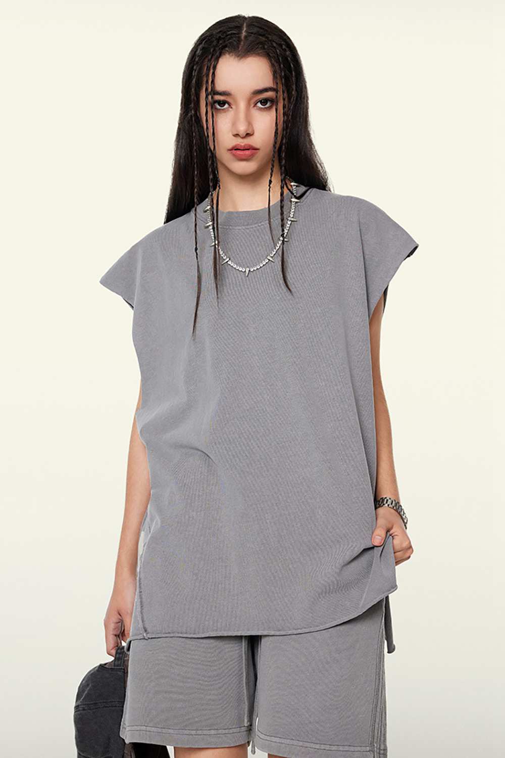 Washed Cotton Split-Hem Longline Tank Top in Medium Gray - full-length front modeled view