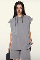 Washed Cotton Split-Hem Longline Tank Top in Medium Gray - full-length front modeled view