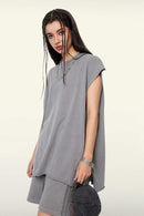 Washed Cotton Split-Hem Longline Tank Top in Medium Gray - side modeled view