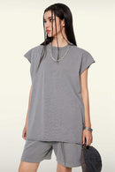 Washed Cotton Split-Hem Longline Tank Top in Medium Gray - full-length front modeled view