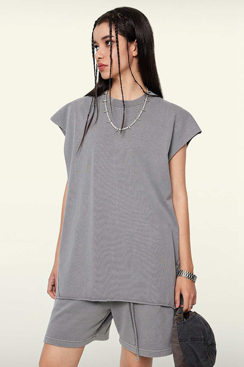 Washed Cotton Split-Hem Longline Tank Top in Medium Gray - full-length front modeled view