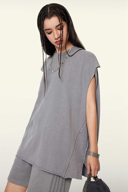Washed Cotton Split-Hem Longline Tank Top in Medium Gray - three-quarter front modeled view