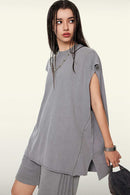 Washed Cotton Split-Hem Longline Tank Top in Medium Gray - three-quarter front modeled view
