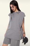 Washed Cotton Split-Hem Longline Tank Top in Medium Gray - three-quarter front modeled view