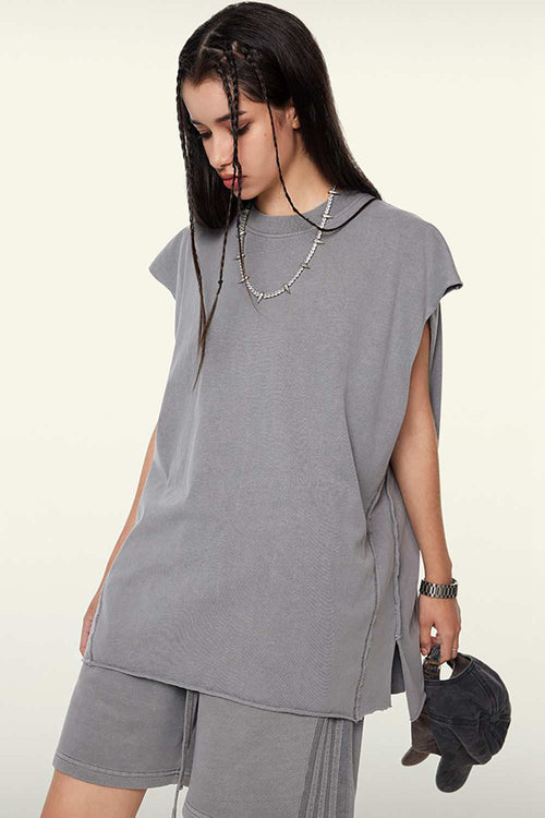 Washed Cotton Split-Hem Longline Tank Top in Medium Gray - three-quarter front modeled view